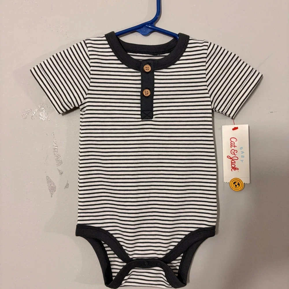 Cat & Jack Bodysuit Baby 3-6M Navy White New Striped Henley Short Sleeve SNAP
